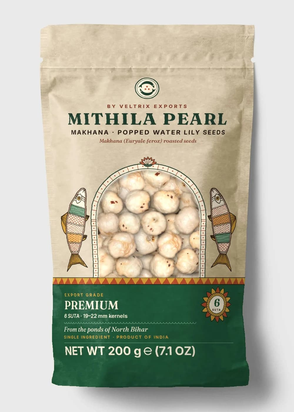 Mithila Pearl PREMIUM makhana, 6 suta grade, pouch design